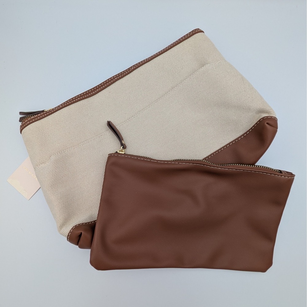 Primark Canvas Faux Leather Cosmetic Bag Set Natural Brown Travel Makeup Pouch